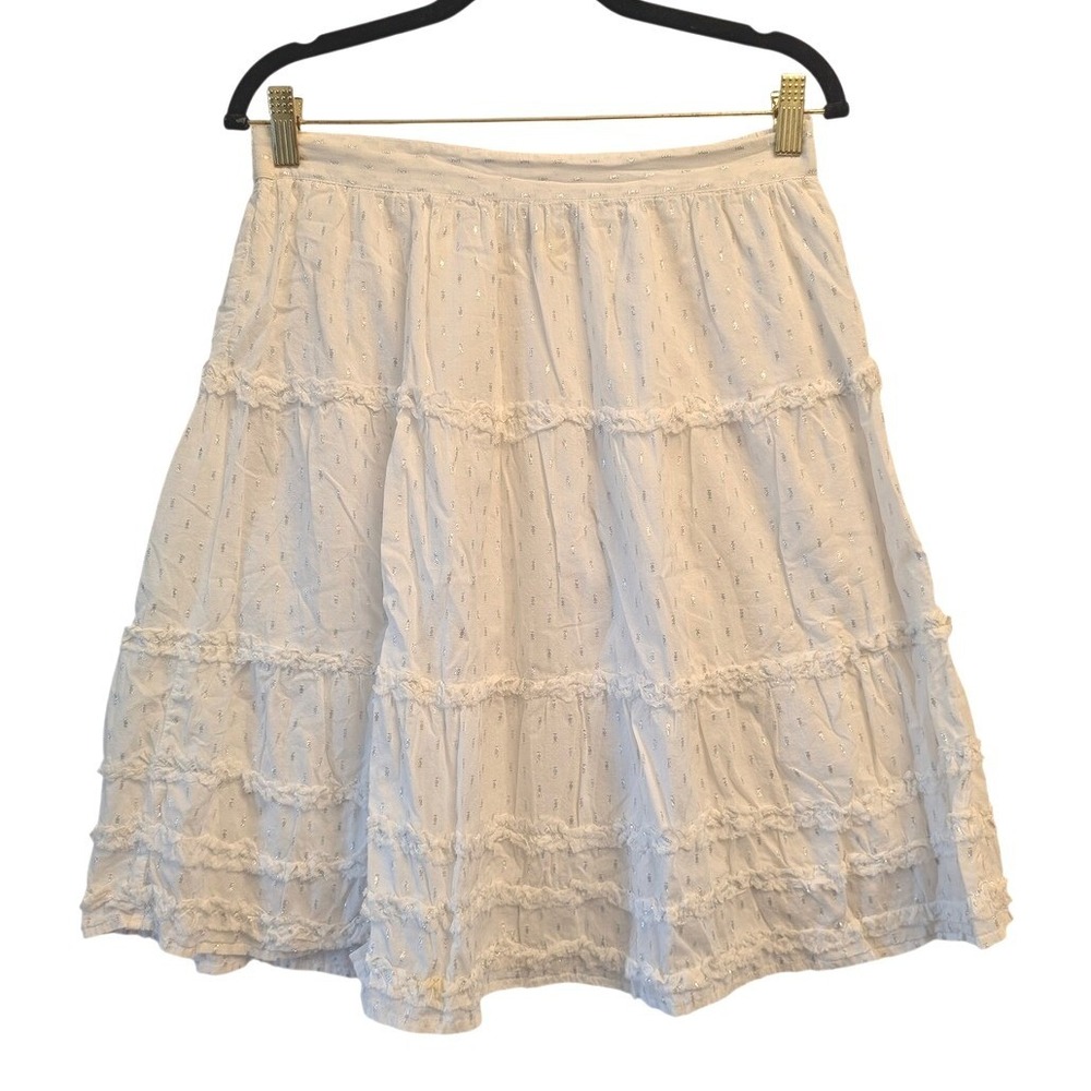Studio West White Silver Metallic Tiered Cotton Gauze Boho Skirt Womens Small